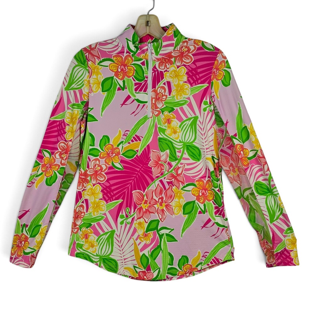 G Lifestyle Golf Active Top Womens Medium Quarter Zip Pink Floral Mesh Sun Shirt